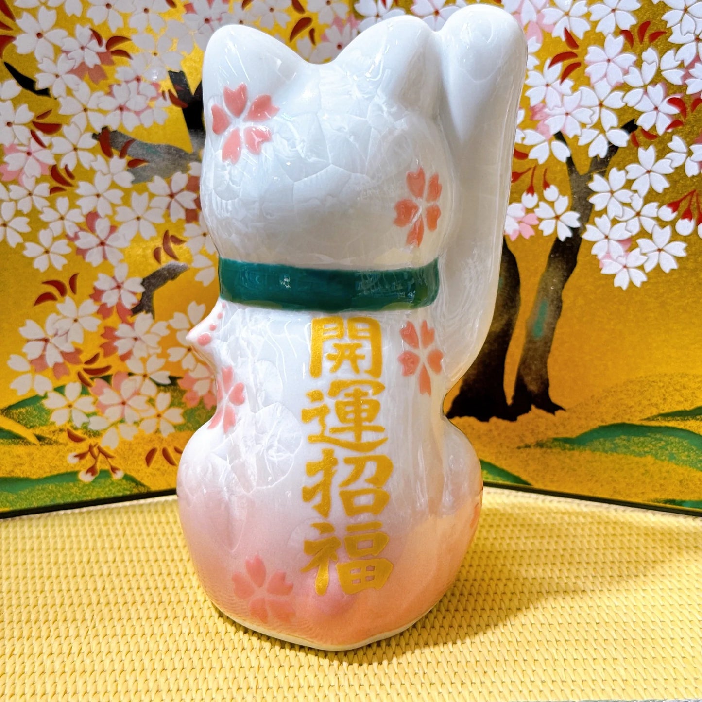 日本清水烧招财猫 花结晶 桃白 开运招福