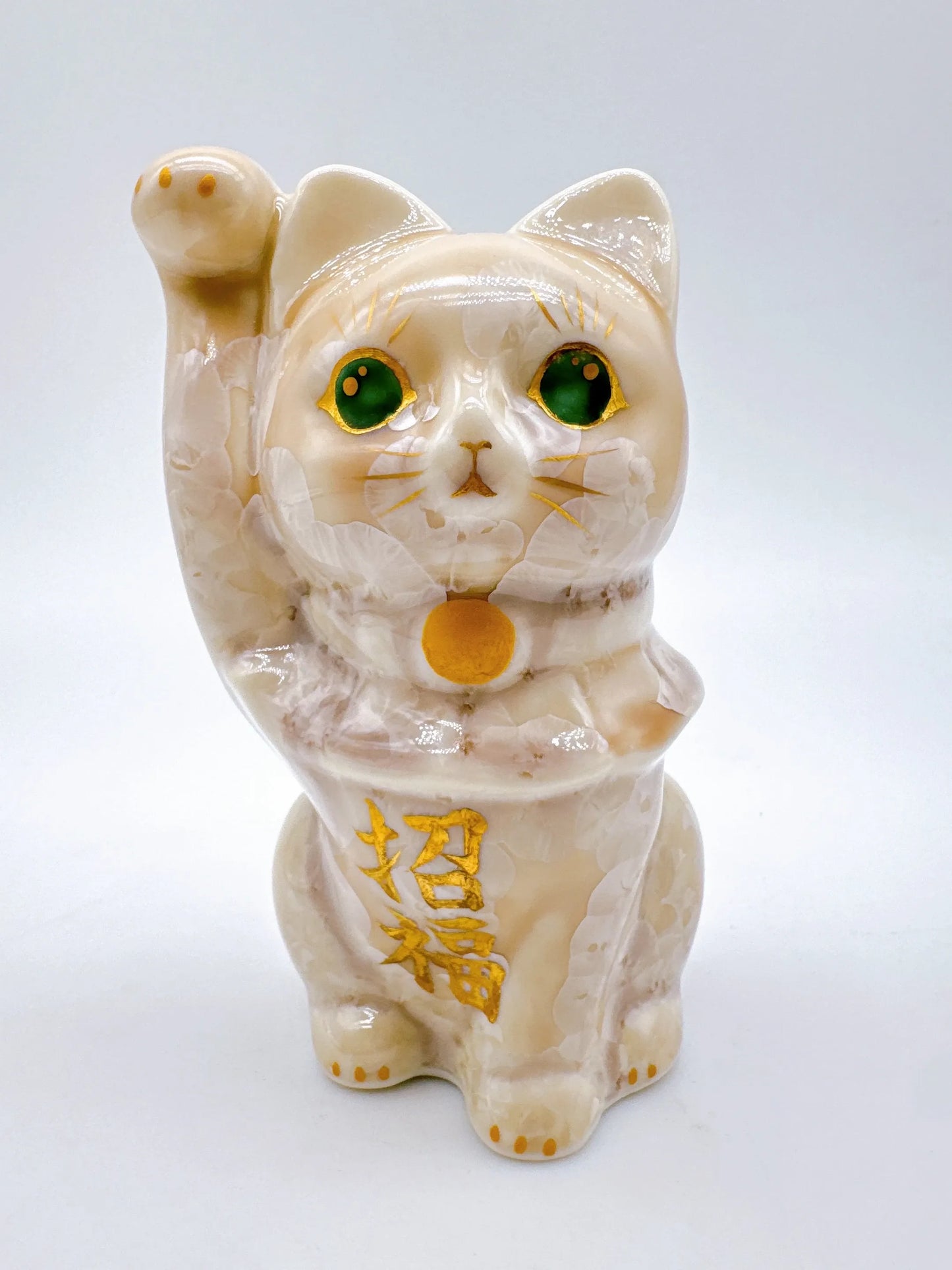 日本清水燒招財貓 花結晶 杏 招福 金彩
