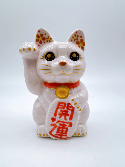 日本清水燒招財貓 花結晶 桃開運 右