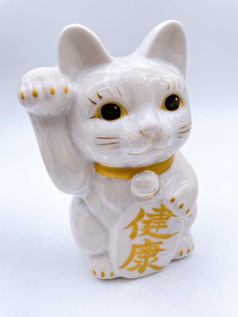 日本清水燒招財貓 花結晶 金白 特大