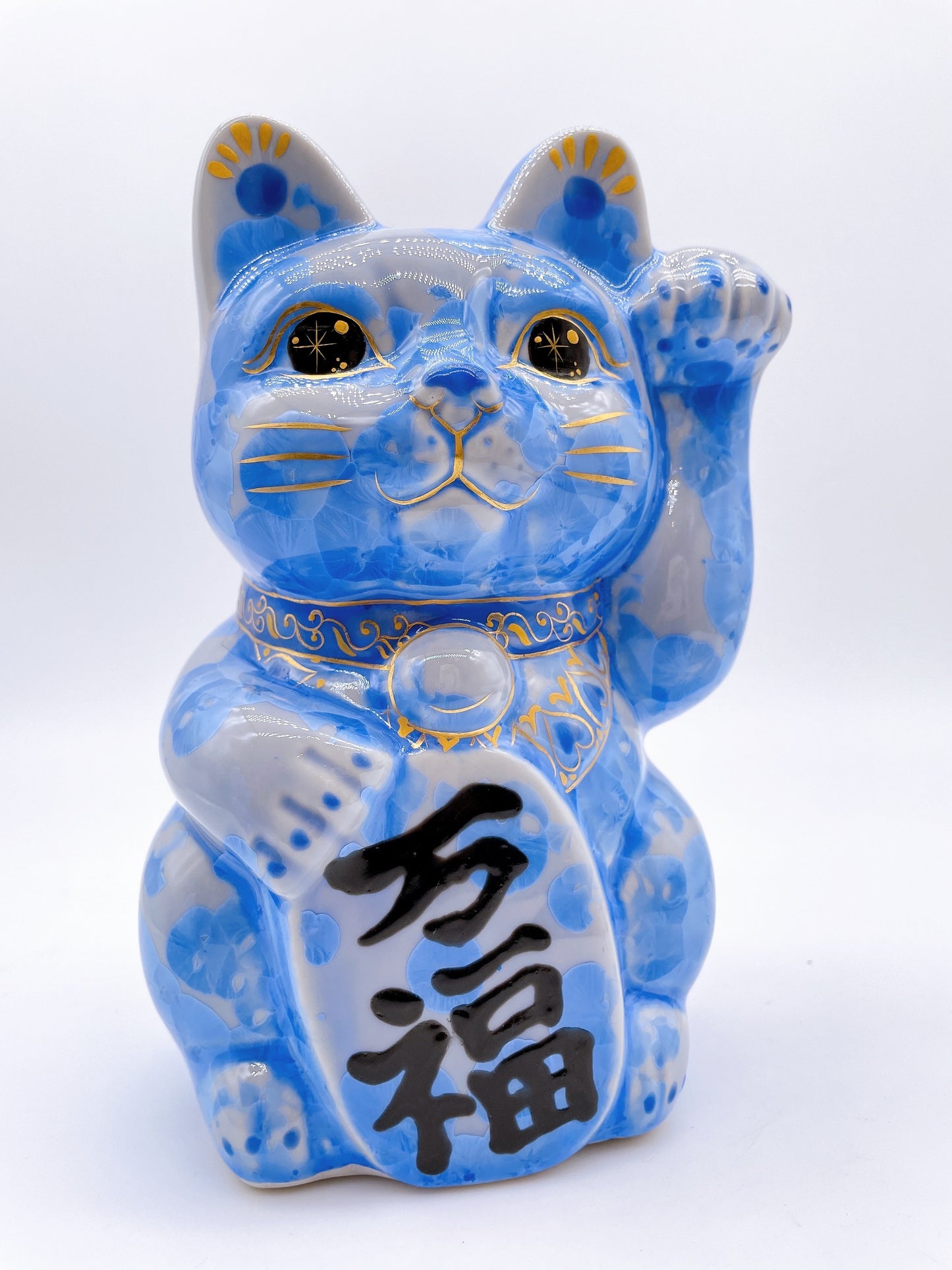 日本清水燒招財貓 花結晶 金彩青 特大