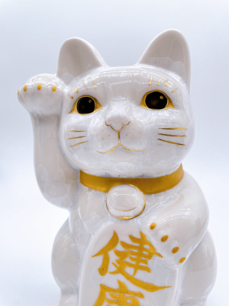 日本清水燒招財貓 花結晶 金白 特大