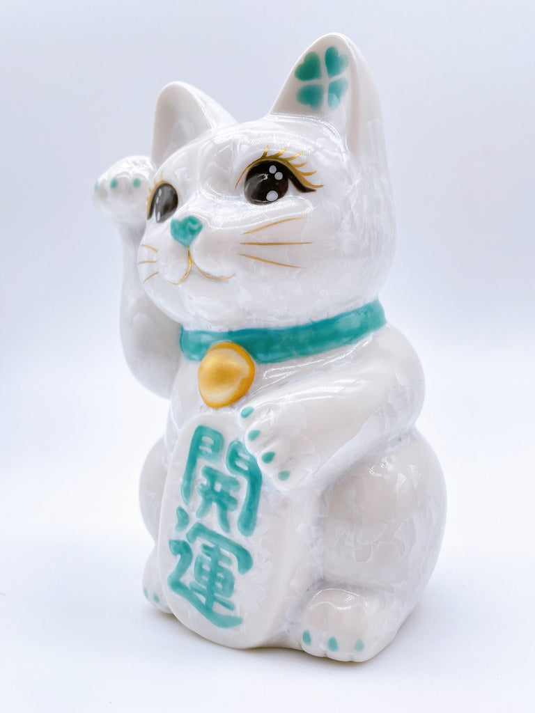 日本清水烧花结晶招财猫 白色 开运