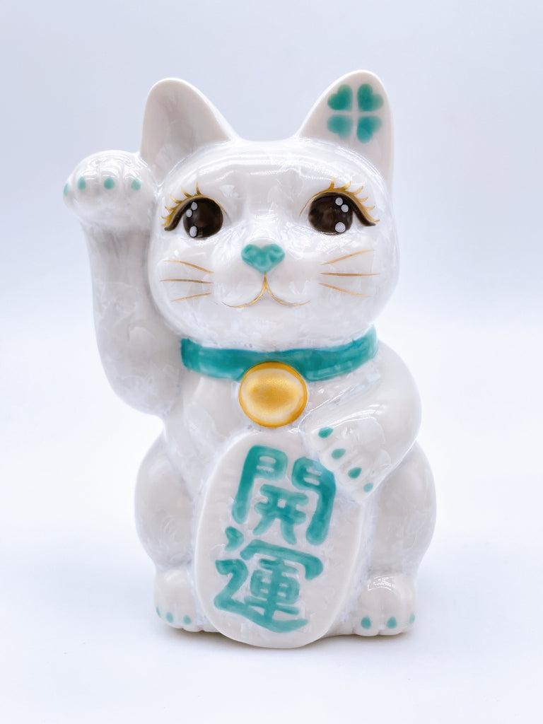 日本清水烧花结晶招财猫 白色 开运