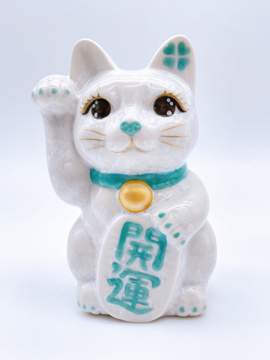 日本清水燒花結晶招財貓 白色 開運