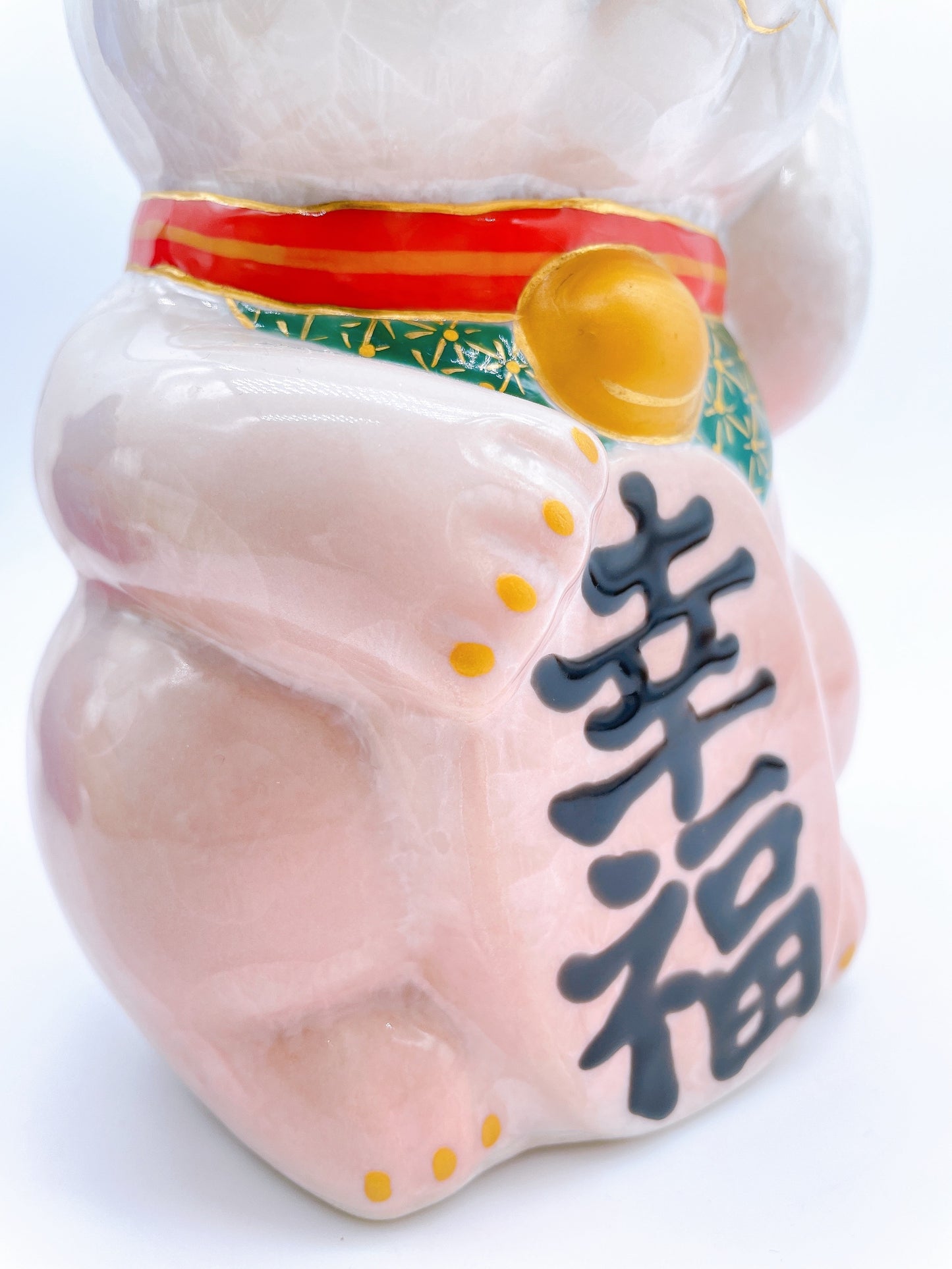 日本清水燒招財貓 花結晶 桃白 特大