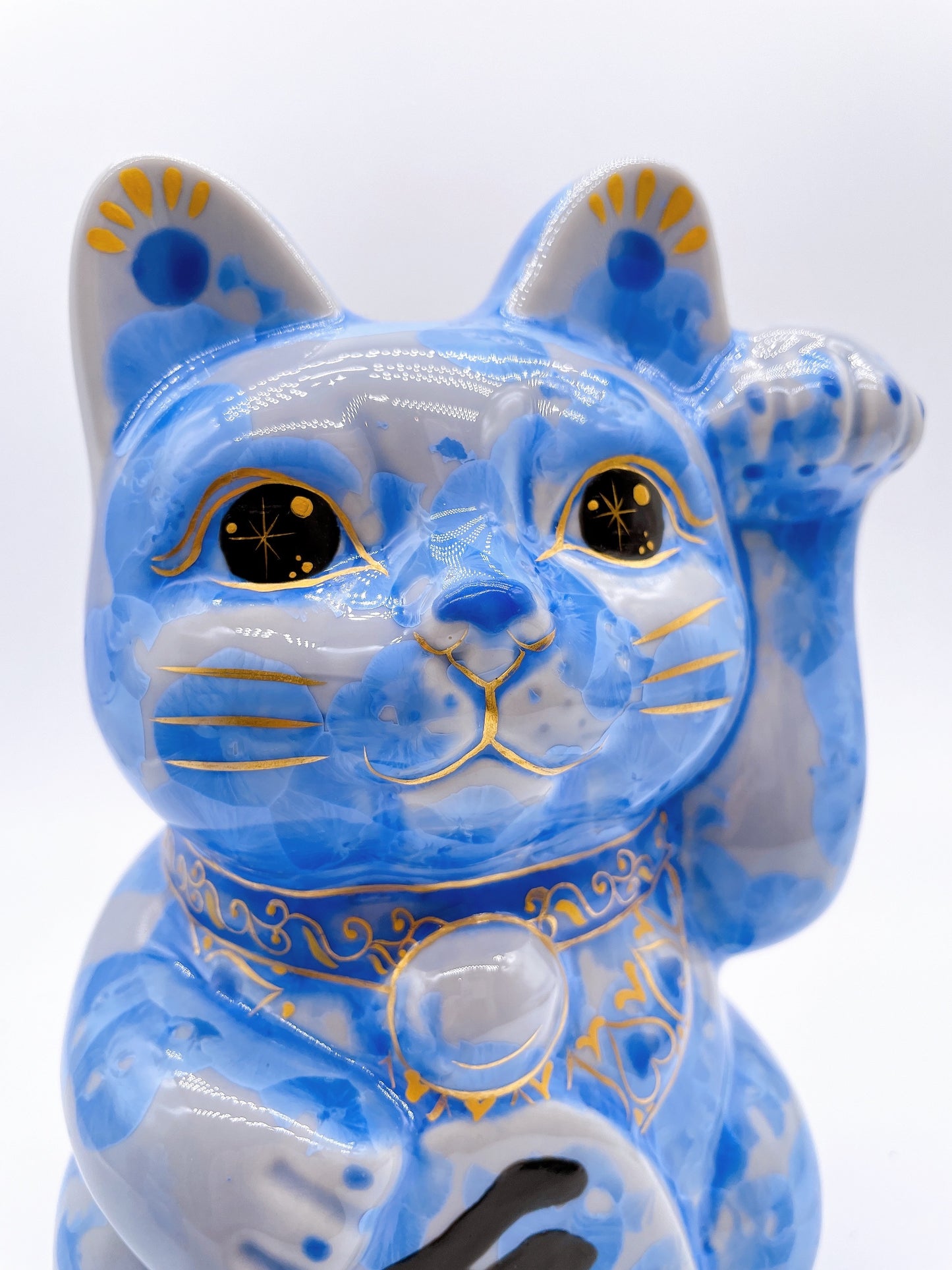 日本清水燒招財貓 花結晶 金彩青 特大