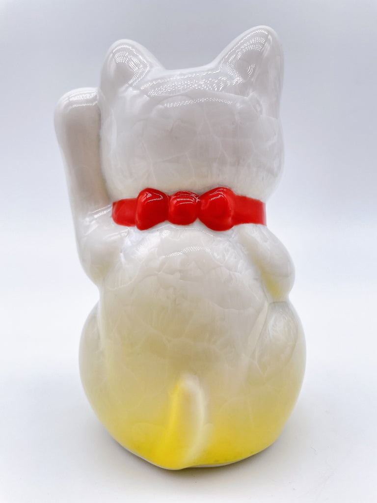 日本清水烧招财猫 花结晶 白黄 顺风