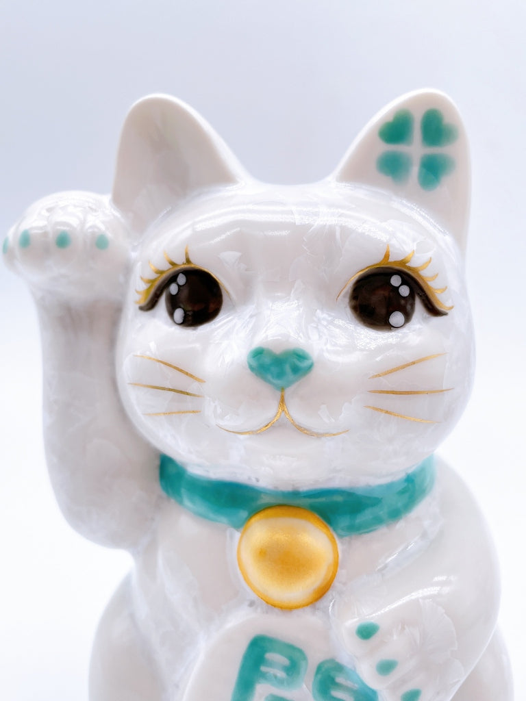 日本清水烧花结晶招财猫 白色 开运