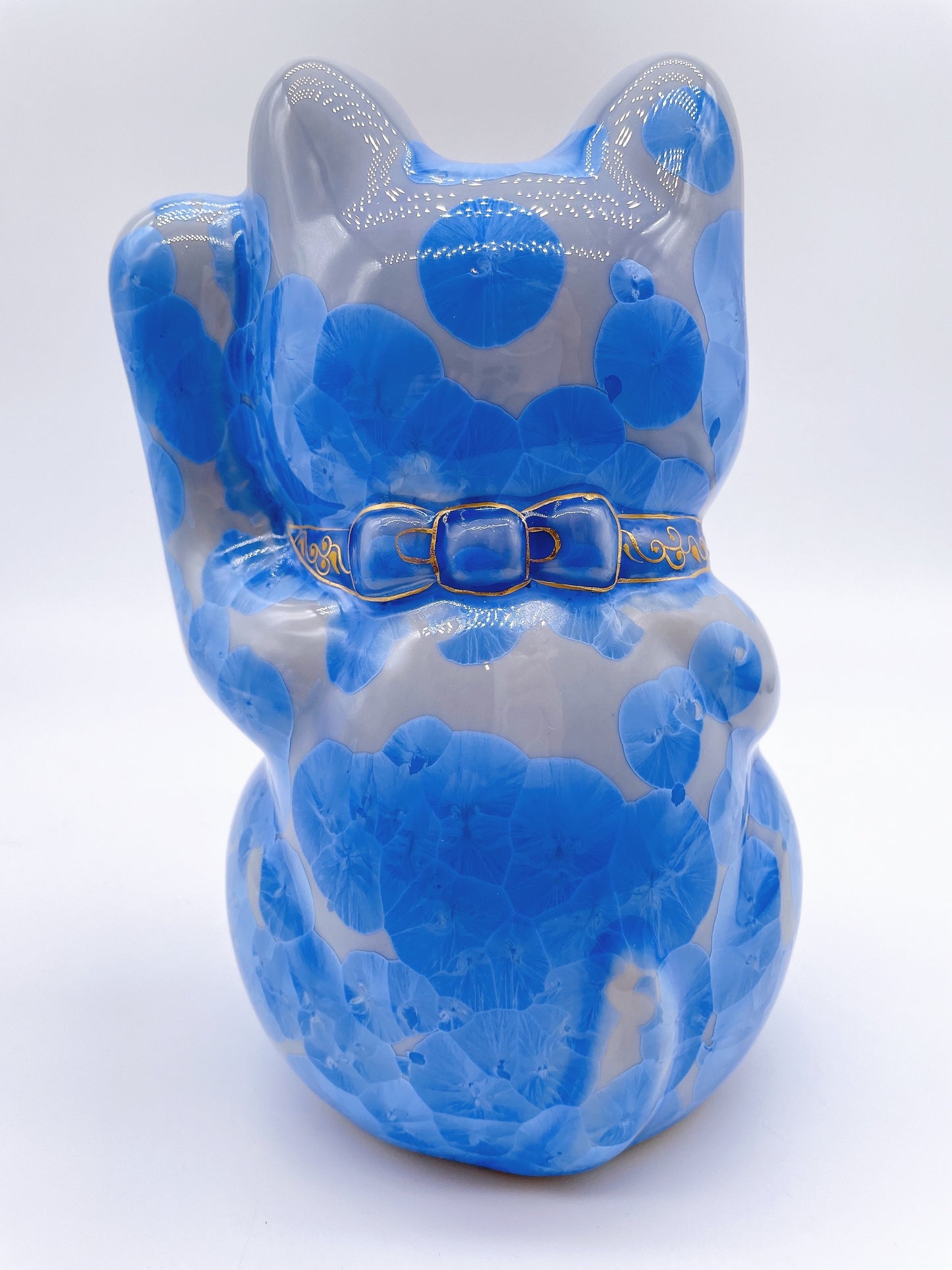 日本清水燒招財貓 花結晶 金彩青 特大