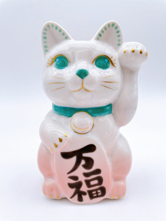 日本清水燒花結晶招財貓 粉白 萬福
