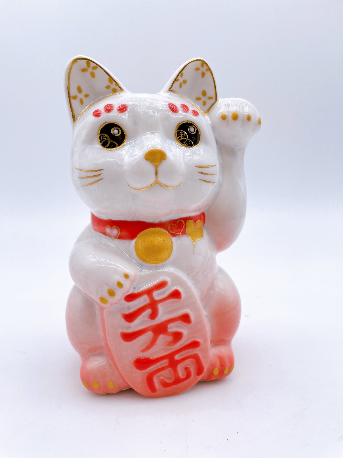 日本清水烧招财猫 花结晶 桃白