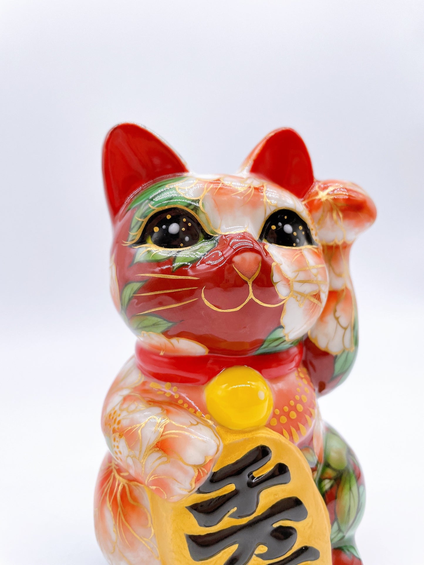 日本清水烧招财猫 赤地 牡丹