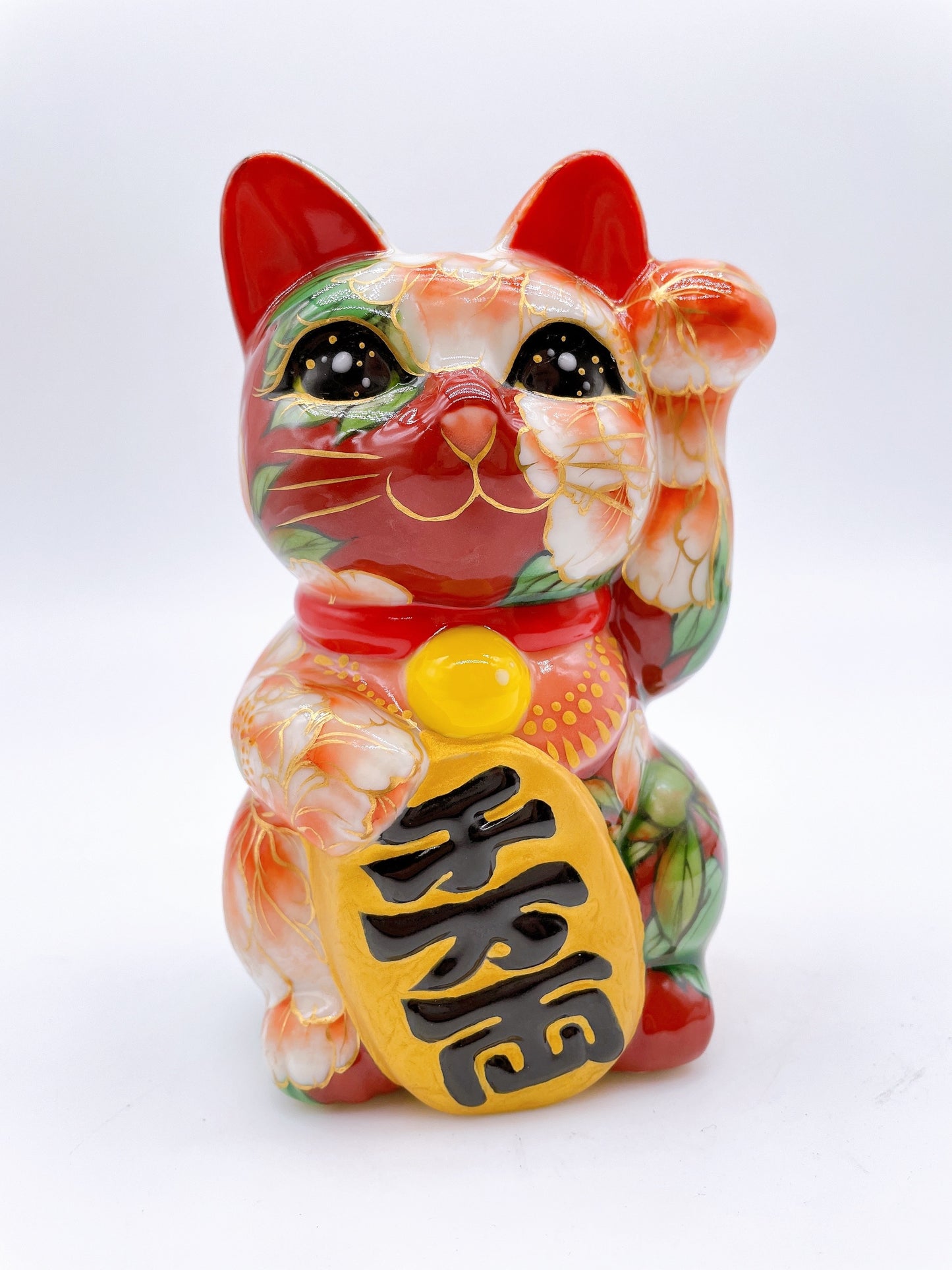 日本清水烧招财猫 赤地 牡丹