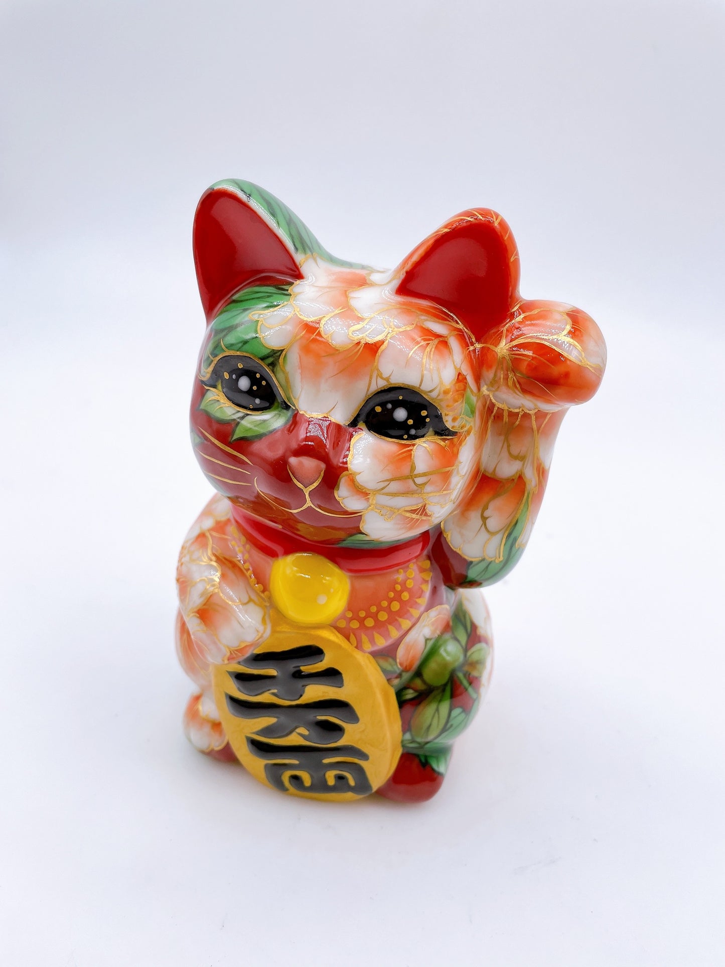 日本清水烧招财猫 赤地 牡丹
