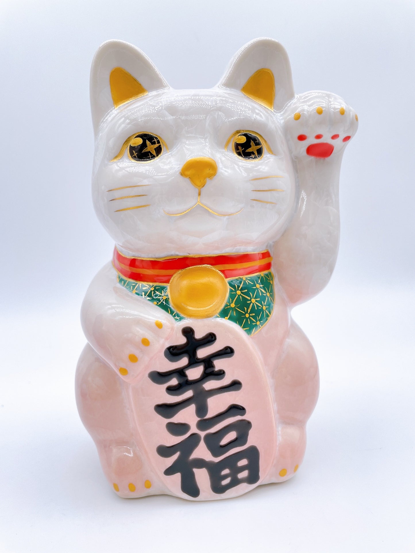 日本清水燒招財貓 花結晶 桃白 特大