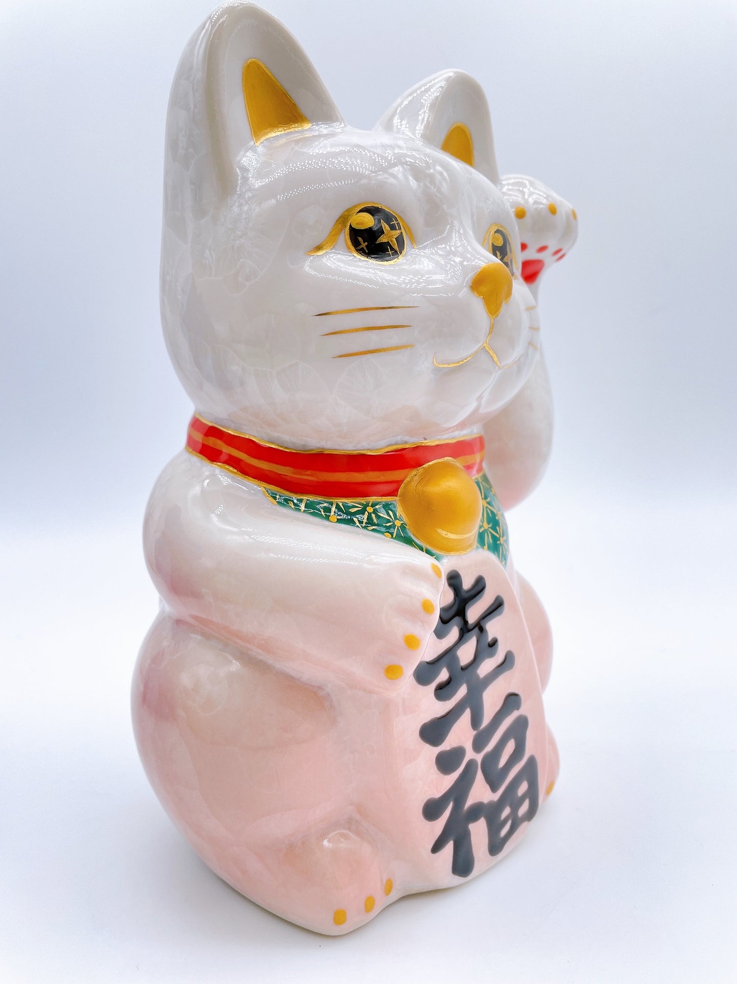 日本清水燒招財貓 花結晶 桃白 特大