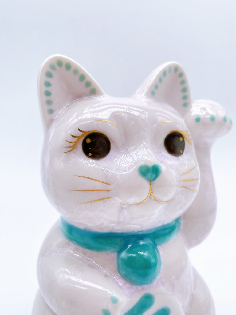 日本清水烧花结晶招财猫 白色 开运