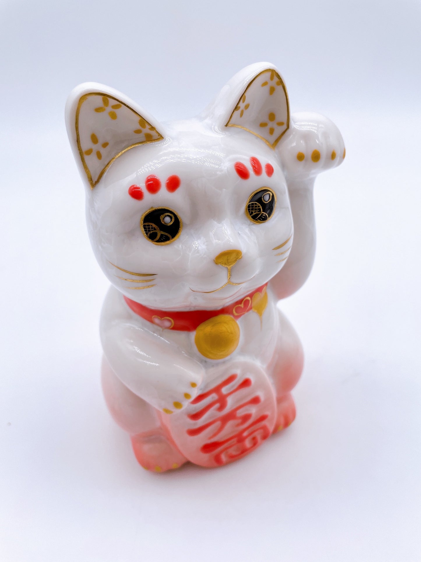 日本清水烧招财猫 花结晶 桃白