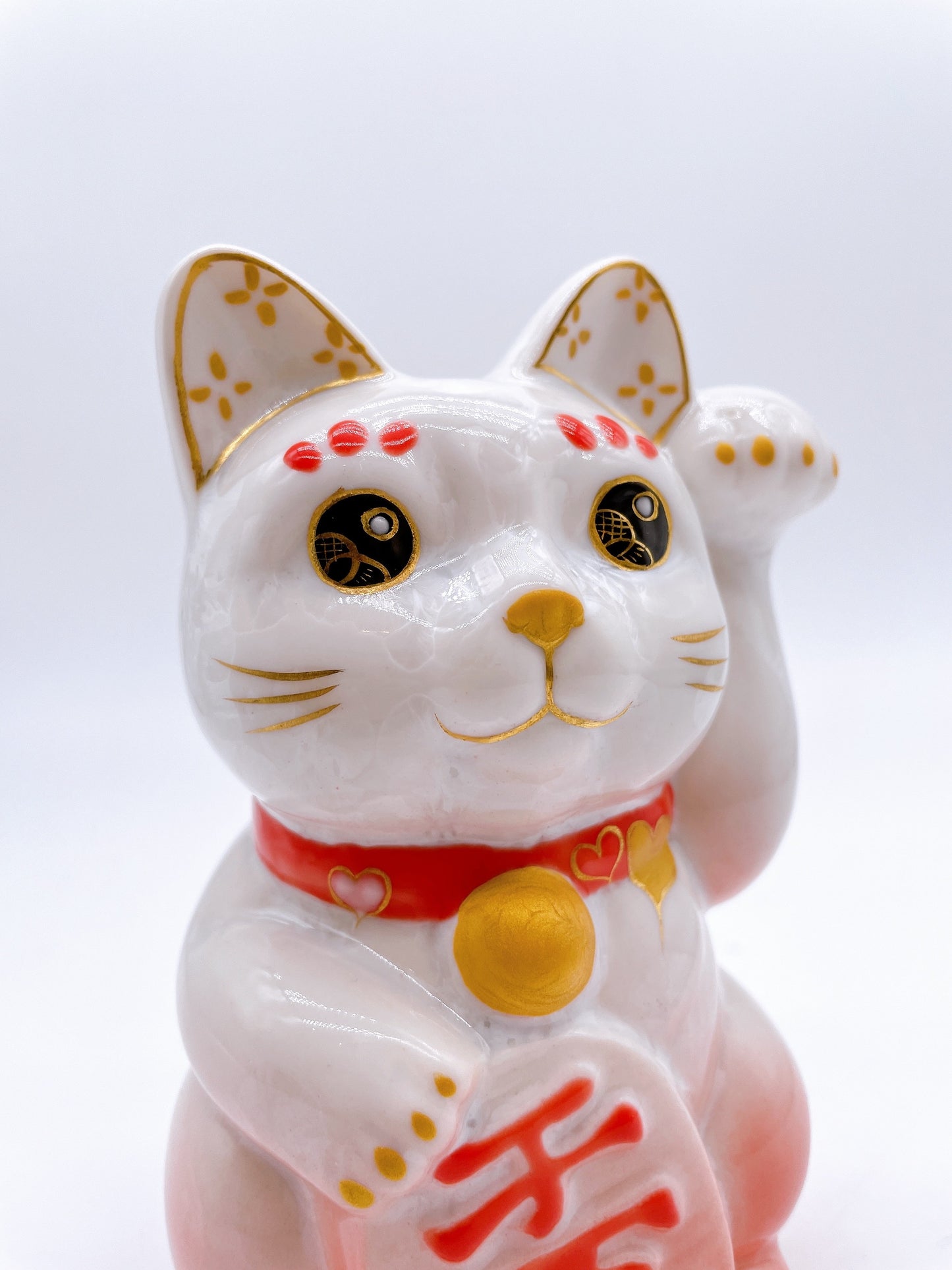 日本清水烧招财猫 花结晶 桃白