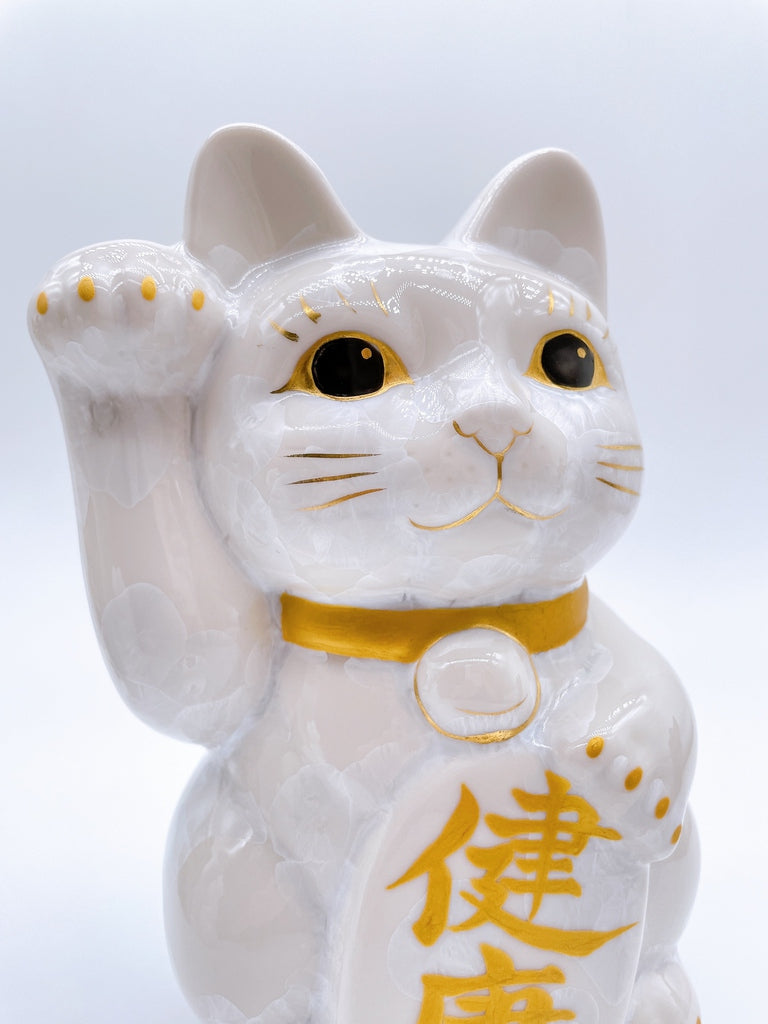 日本清水燒招財貓 花結晶 金白 特大
