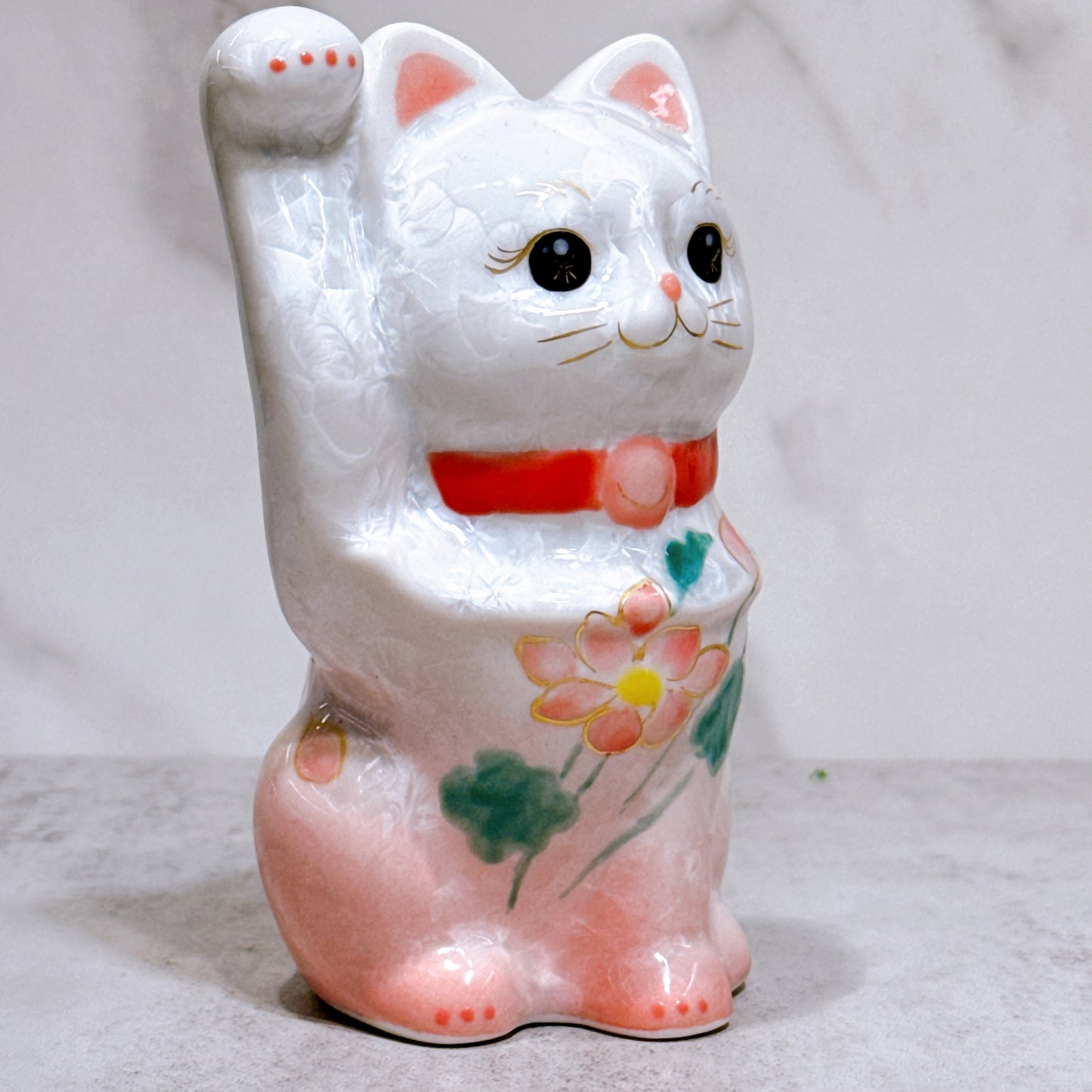 日本清水燒招財貓 花結晶 桃白 体花