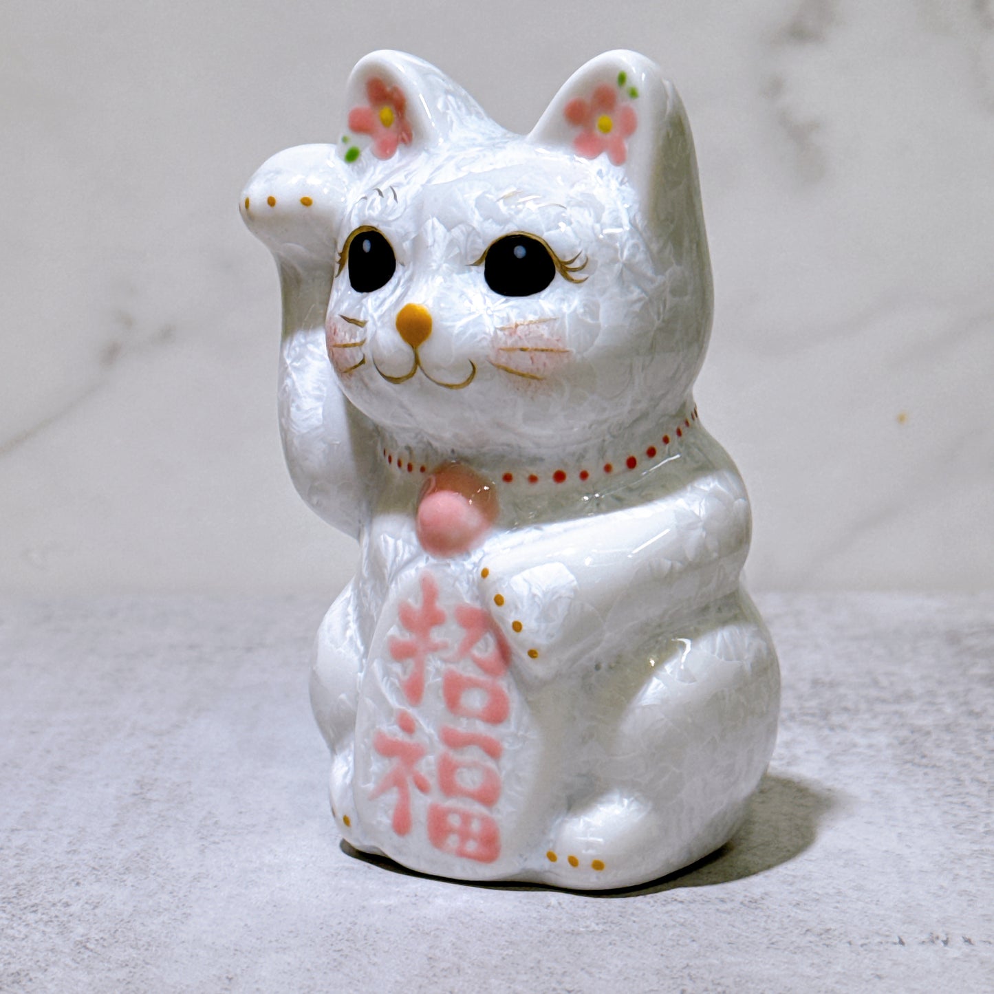 日本清水燒招財貓 花結晶 白 招福 右 特小