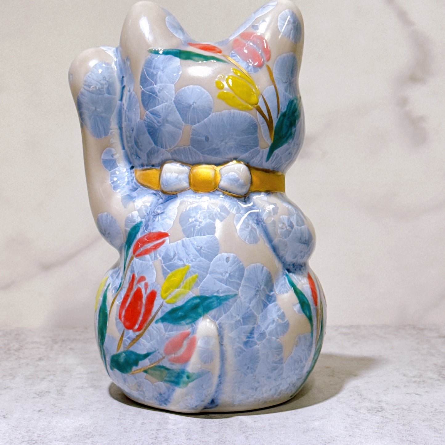 日本清水燒招財貓 花結晶 銀藤 体花 千萬両 左
