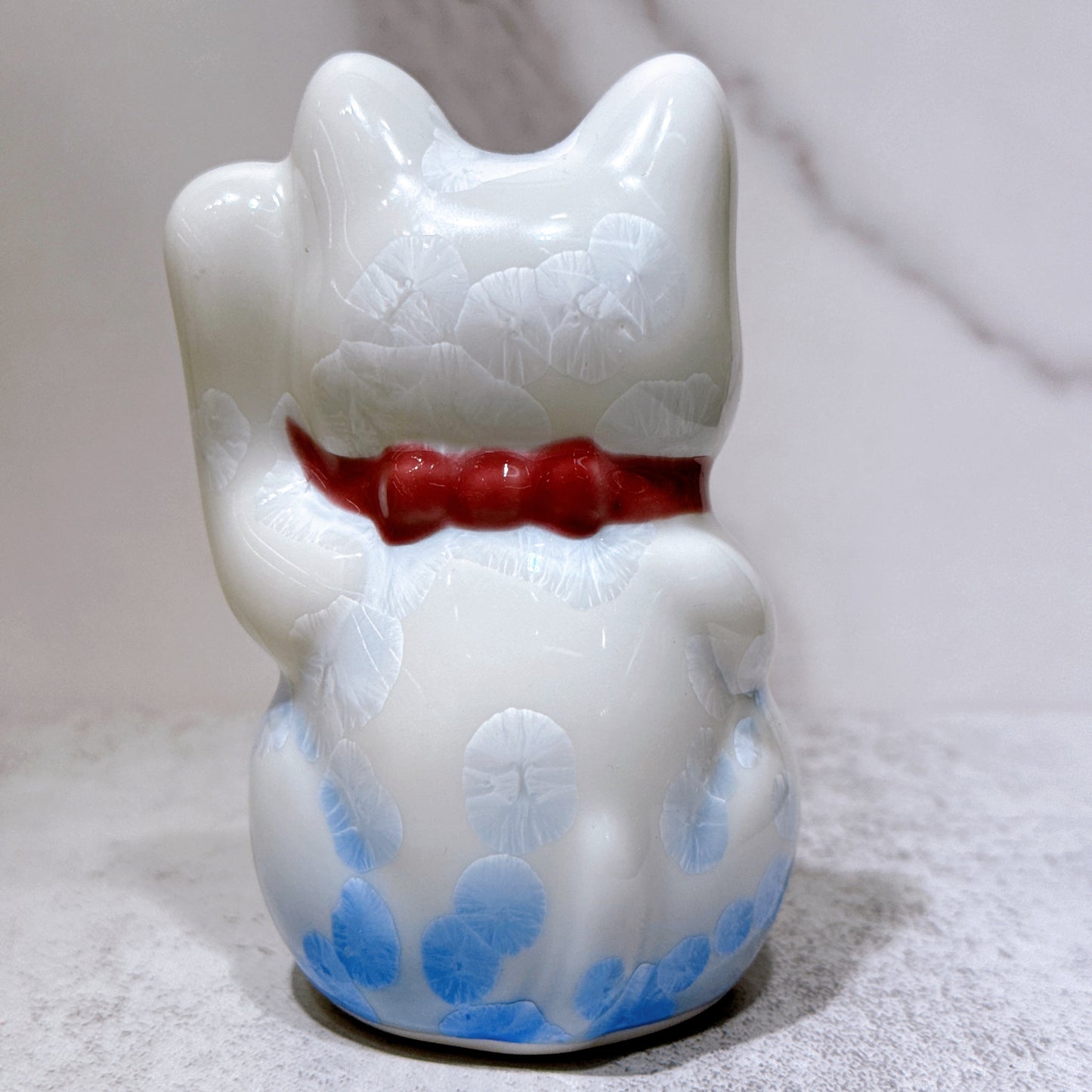 日本清水燒招財貓 花結晶 青白 億万両 左 特小