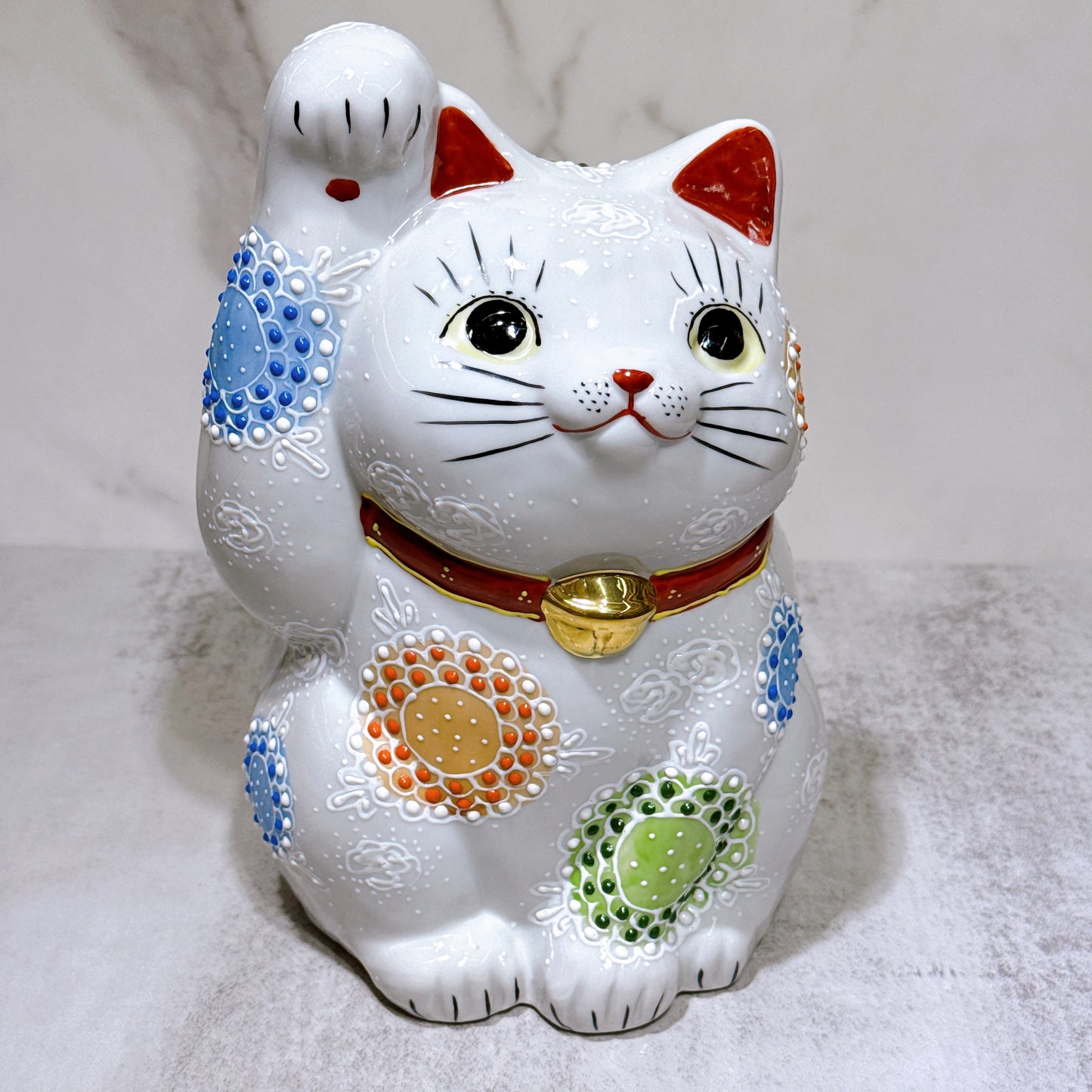 日本九谷燒招財貓 花水白盛 7號