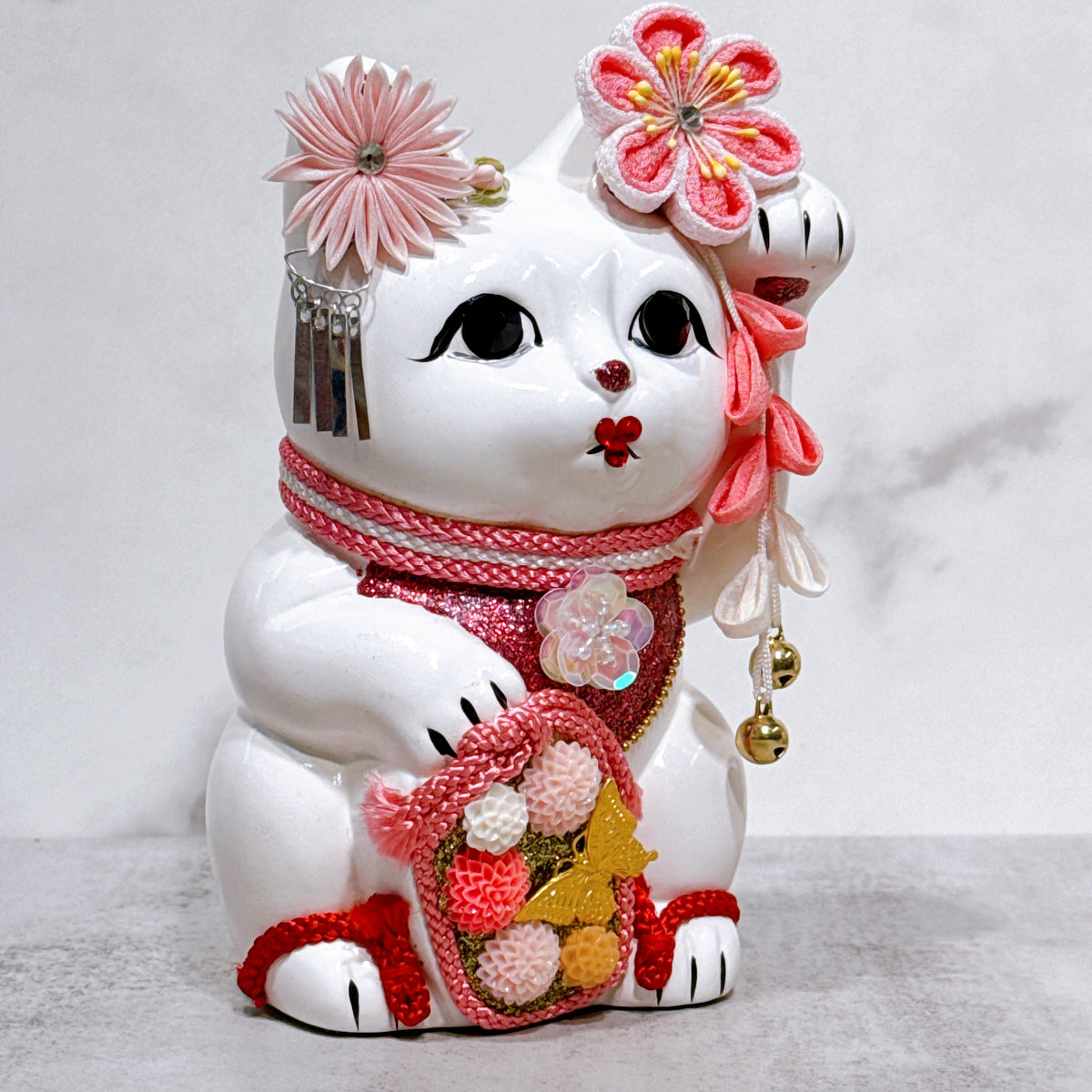 日本花見招財貓 花韻蝶舞 5號 白 左手