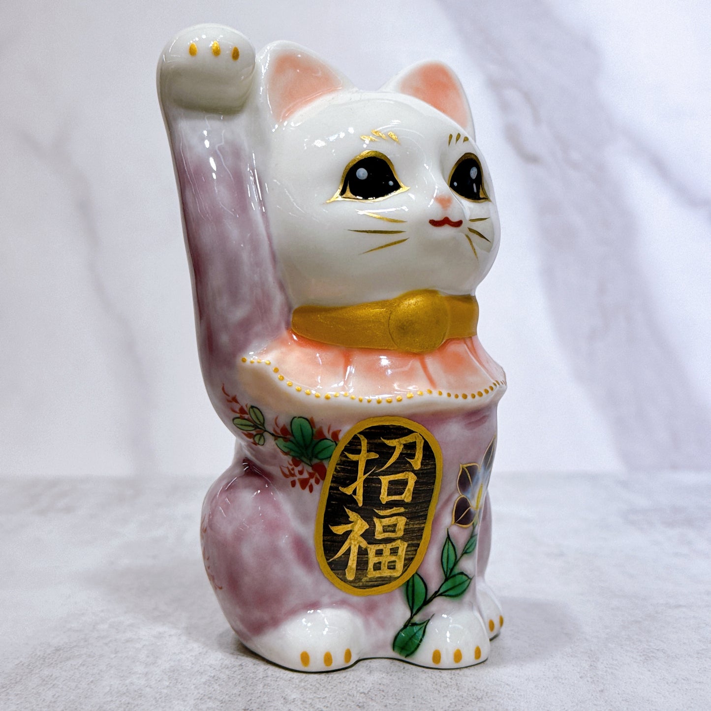 日本清水燒招財貓 色繪 紫地 秋草