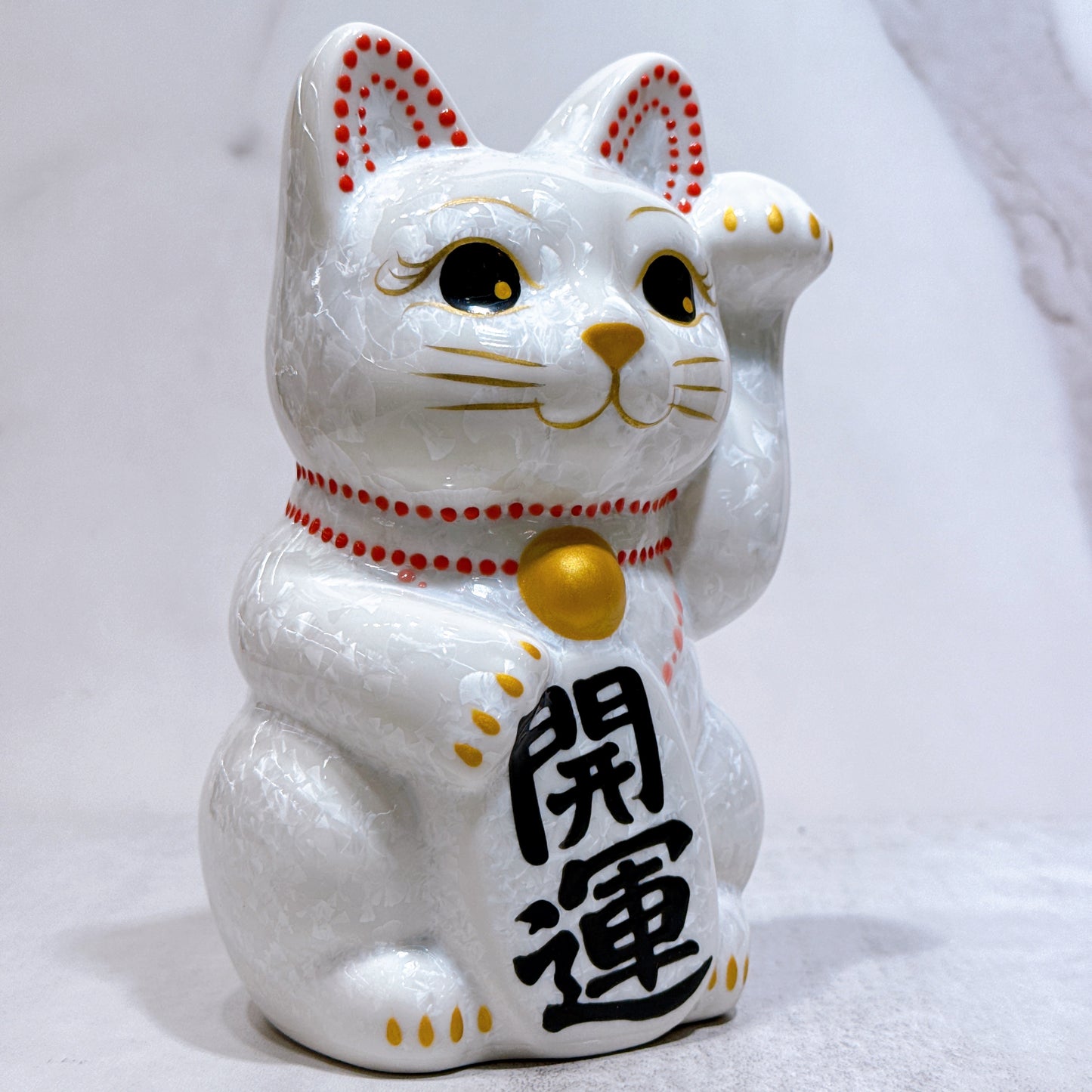 日本清水燒招財貓 花結晶 白 開運 中號
