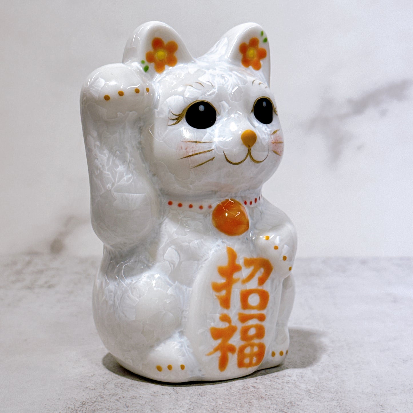 日本清水燒招財貓 花結晶 白 招福 右 特小