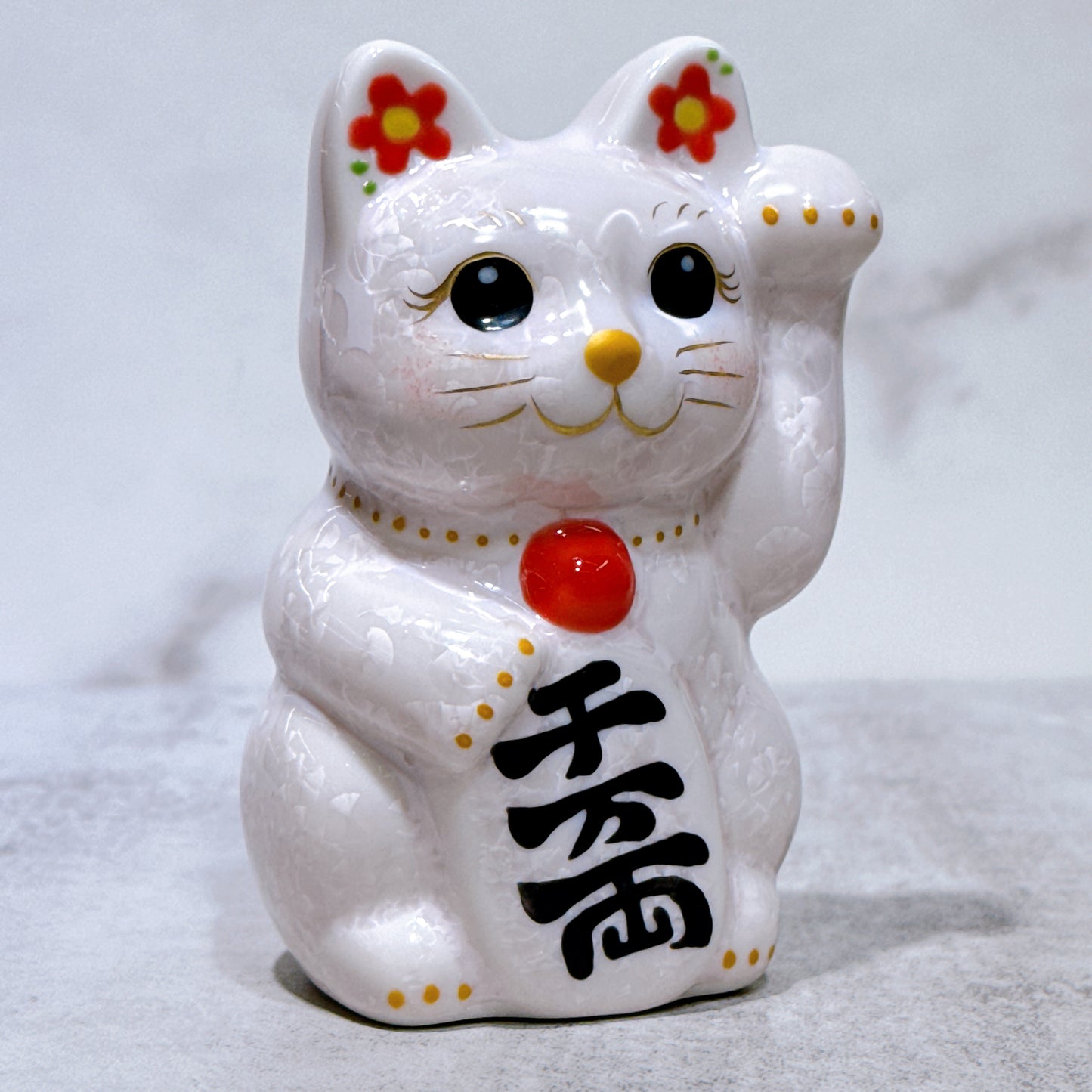 日本清水燒招財貓 花結晶 桃 左 特小
