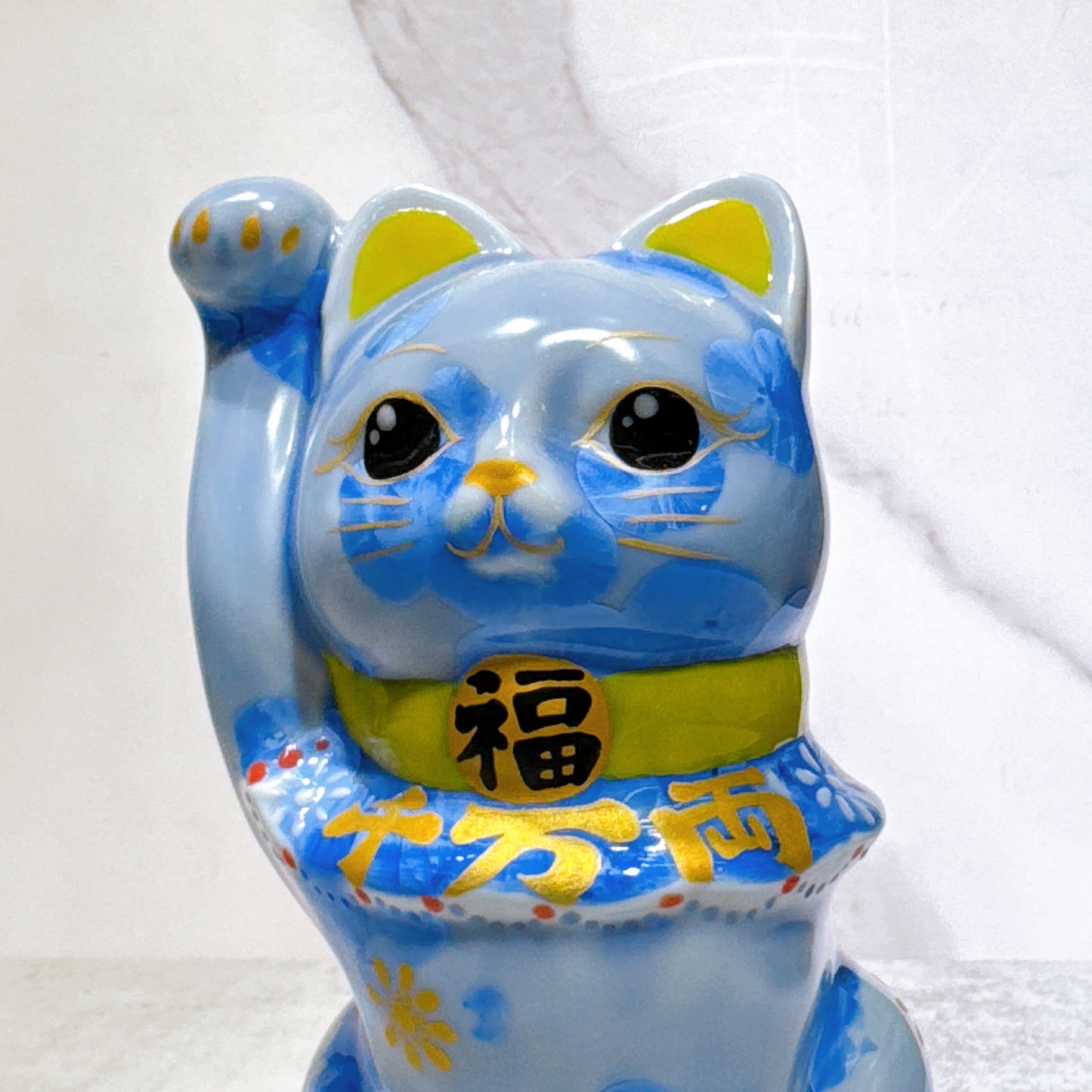 日本清水燒招財貓 花結晶 青 千万両