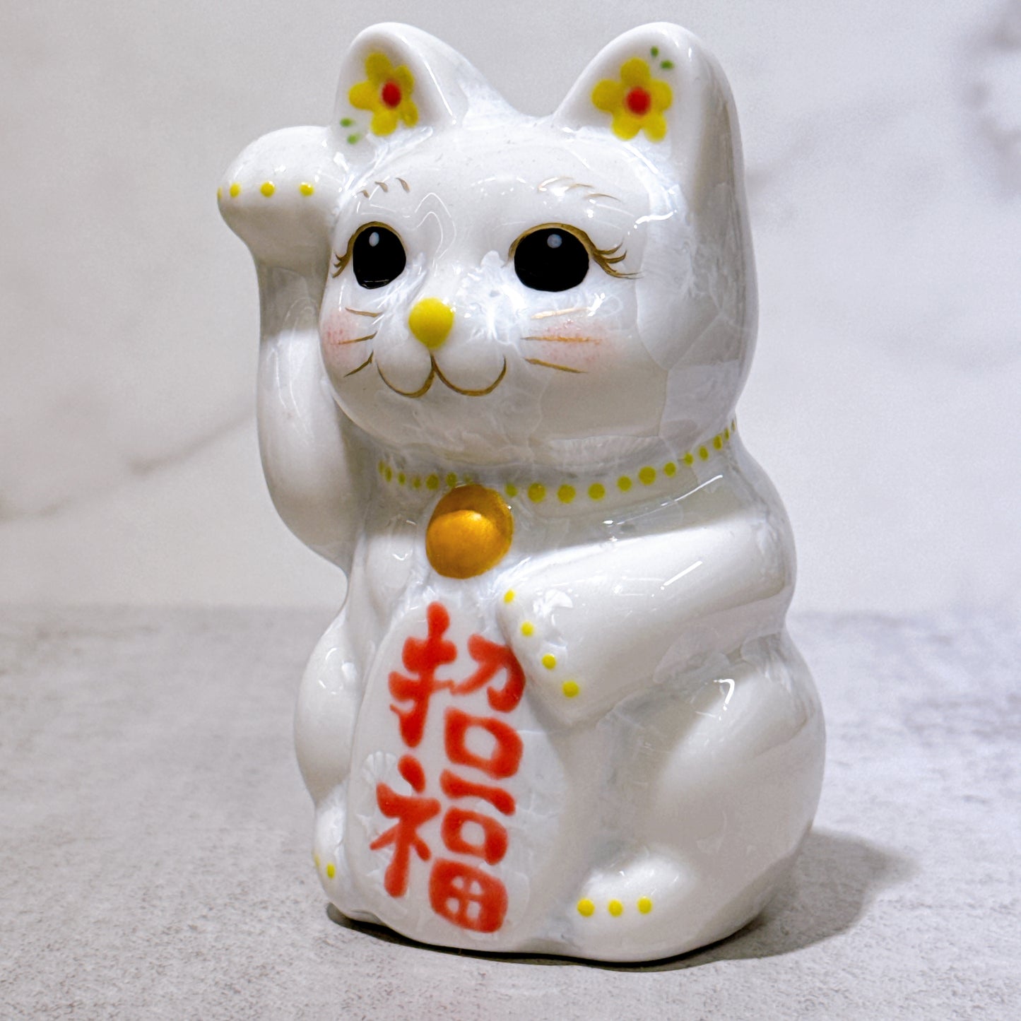 日本清水燒招財貓 花結晶 白 招福 右 特小