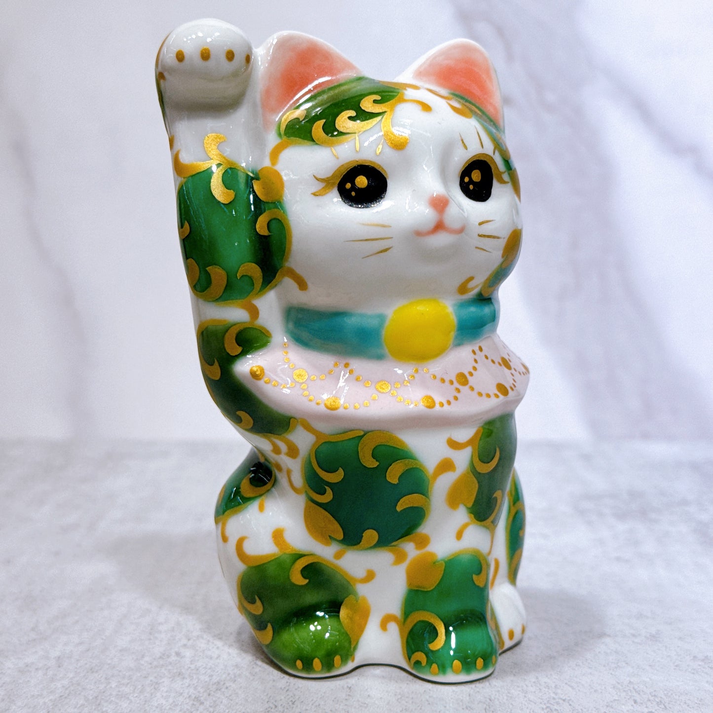 日本清水燒招財貓 色繪 白地 唐草