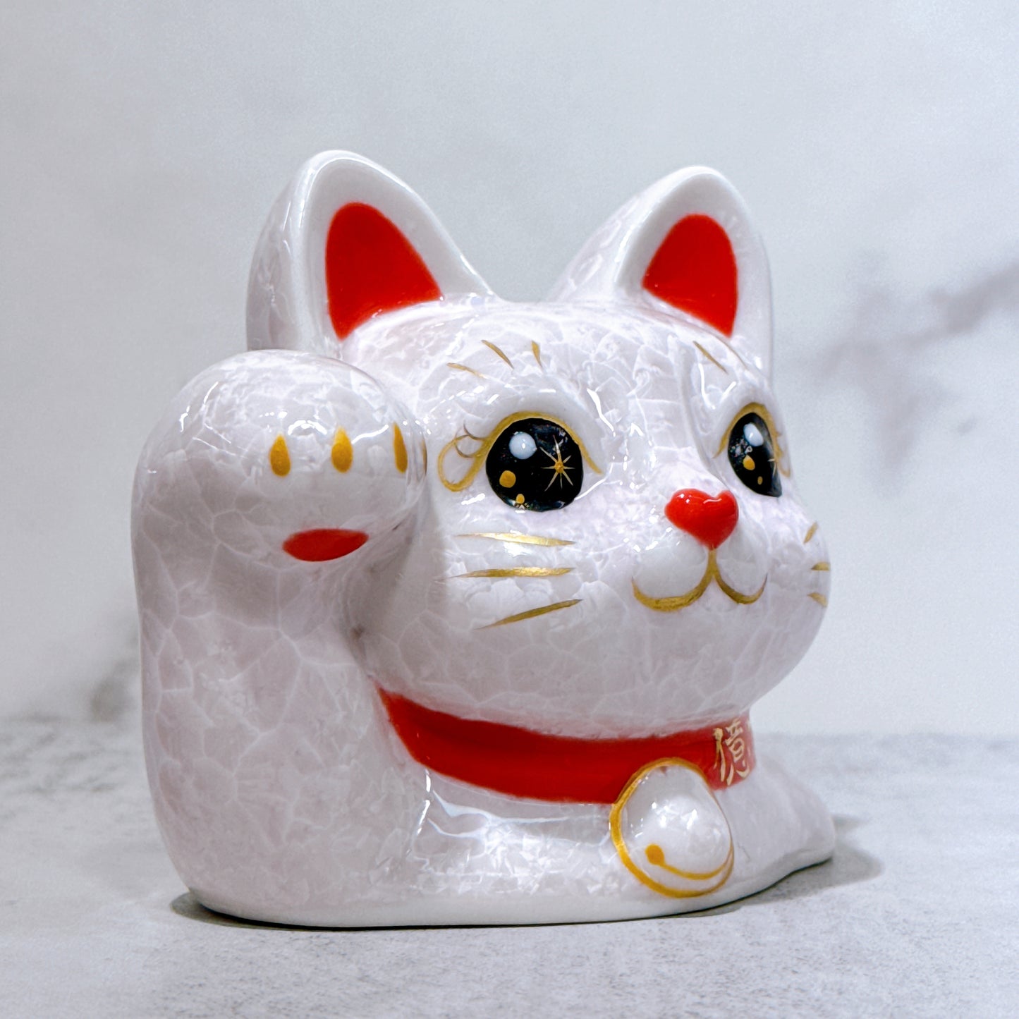 日本清水燒招財貓 貓半身 花結晶 桃 億万両