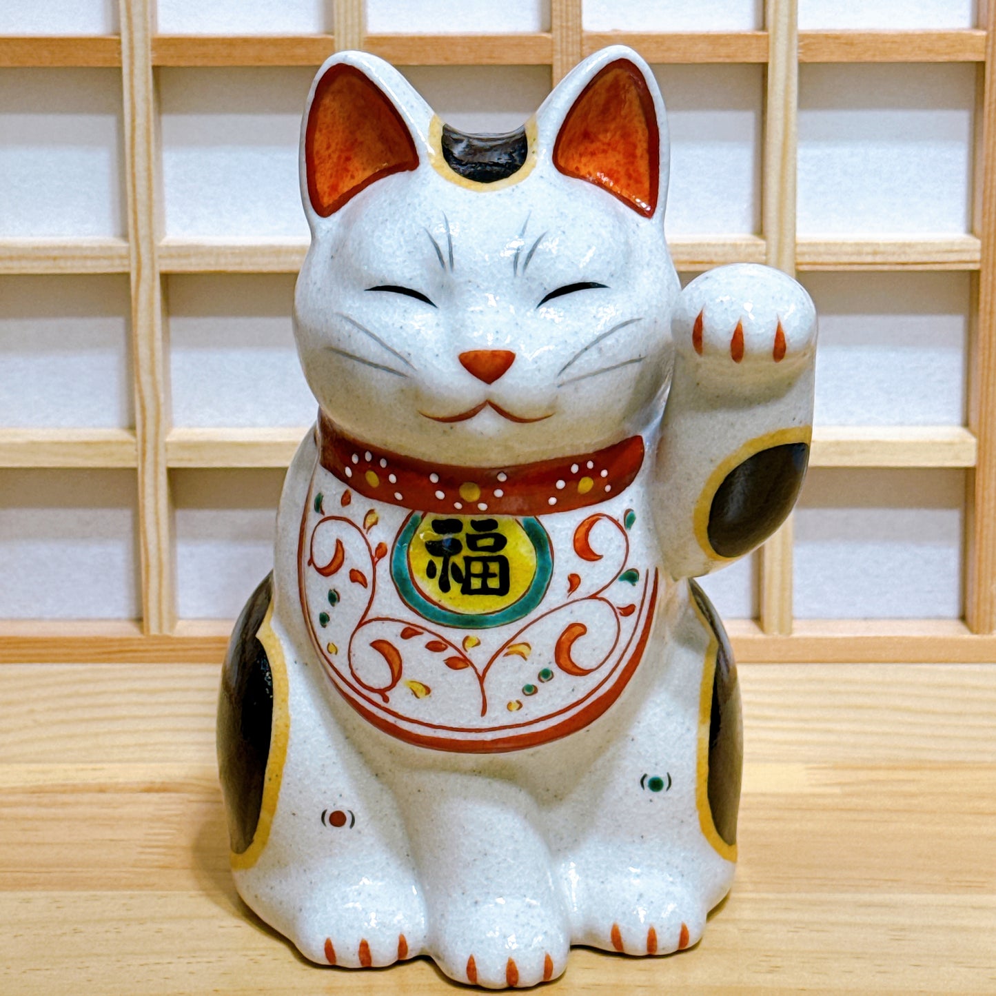 日本陶彩万福唐草招財貓 中