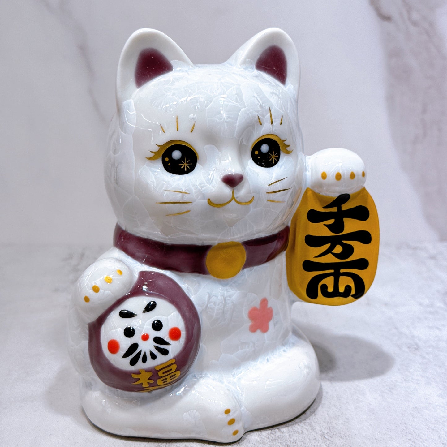 日本清水燒招財貓 達摩 花結晶 白 千万両