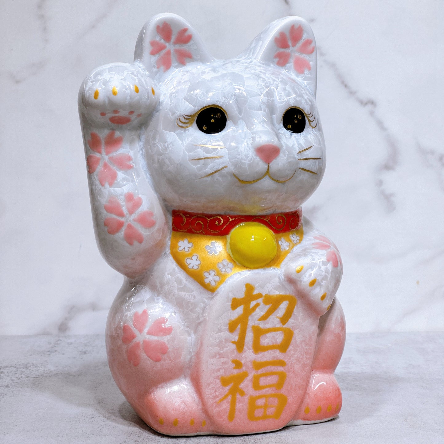 日本清水燒招財貓 花結晶 桃白 体花 特大 右