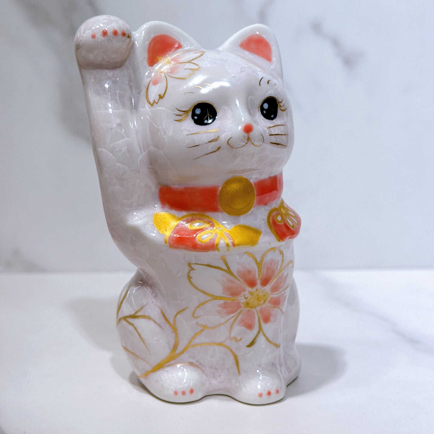 日本清水燒招財貓 花結晶 桃 体花