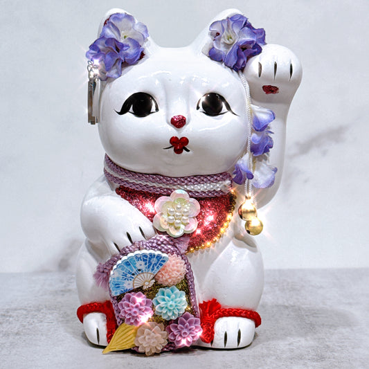 日本花見招財貓 紫蘭倩影 5號 白 左