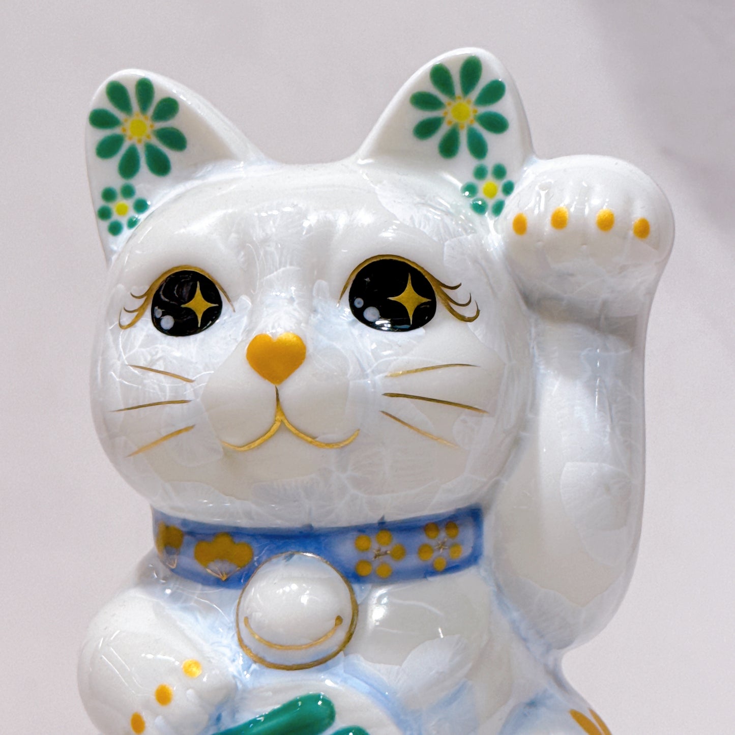 日本清水燒招財貓 花結晶 青白 体花 千万両 左