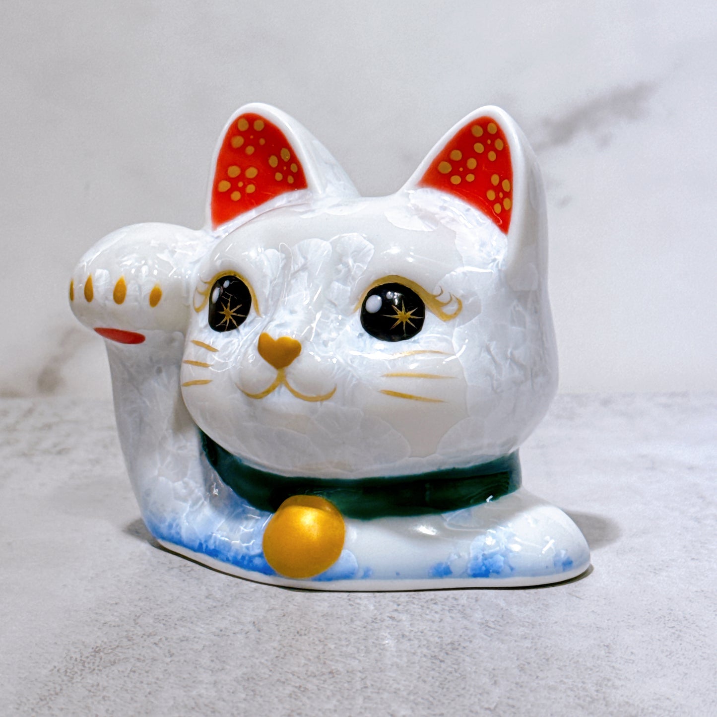 日本清水燒招財貓 貓半身 花結晶 青白