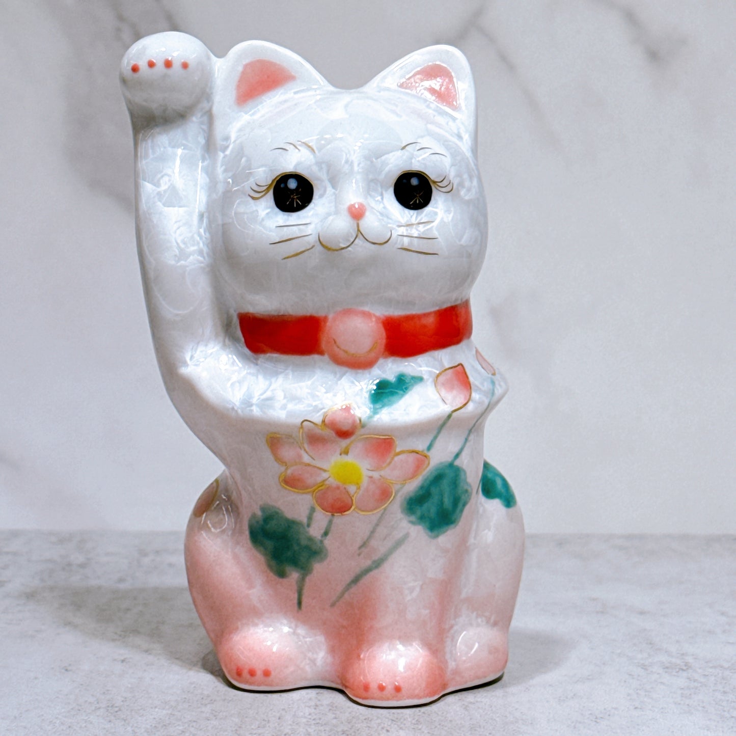 日本清水燒招財貓 花結晶 桃白 体花