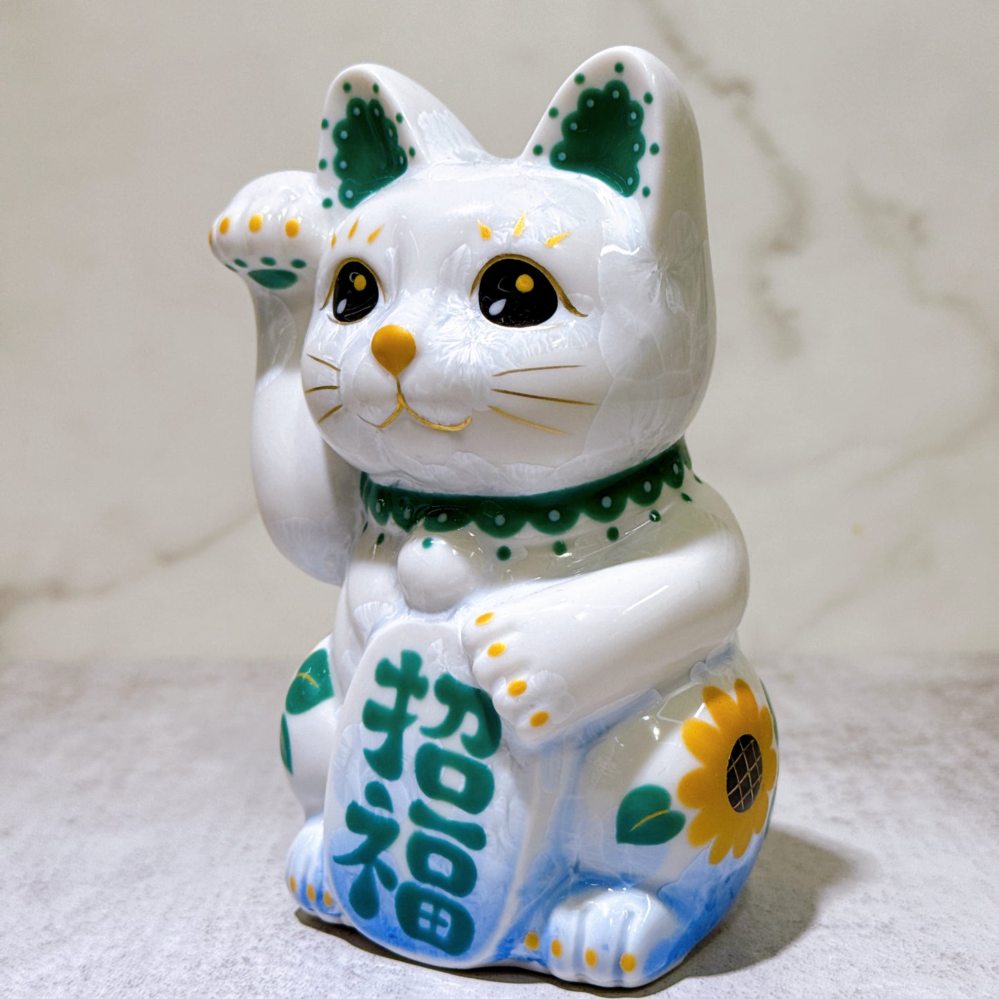 日本清水燒招財貓 花結晶 青白 招福 体花 右