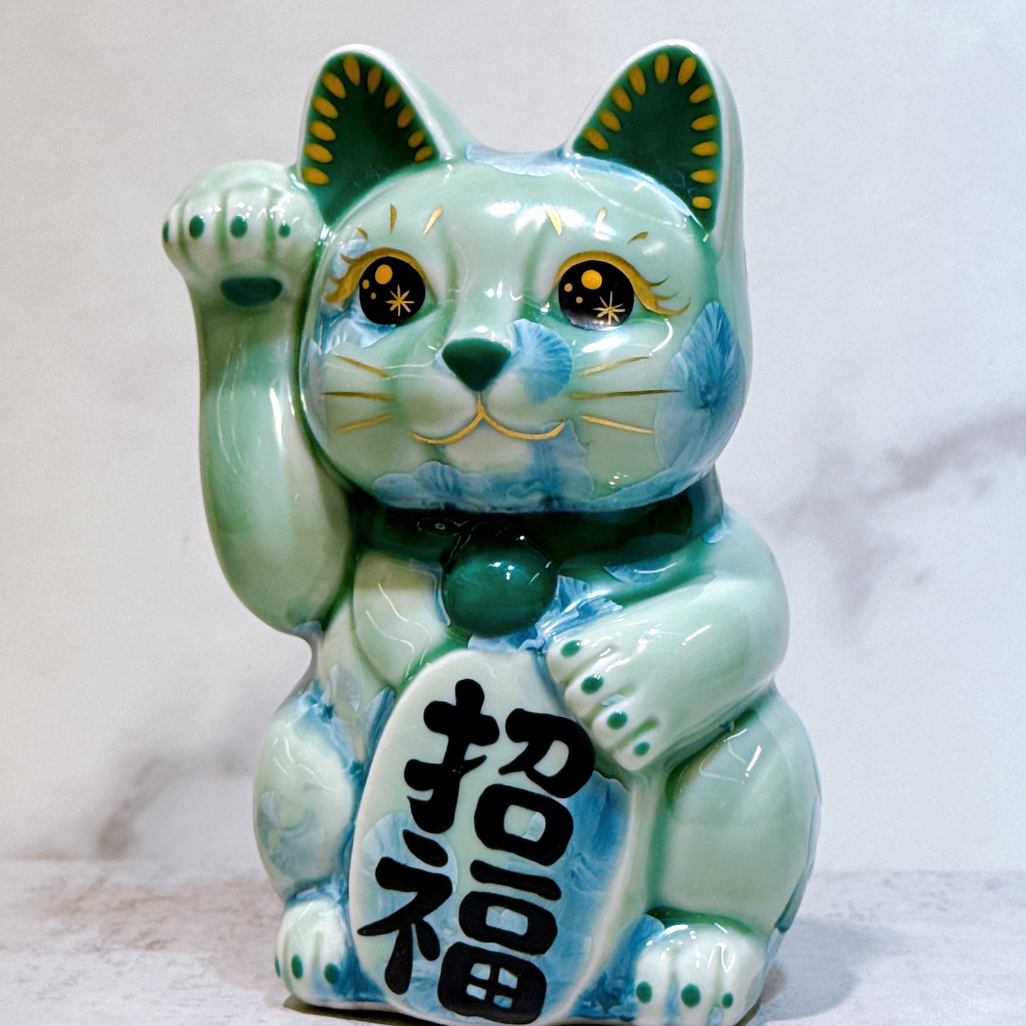 日本清水燒招財貓 花結晶 綠 招福 体花 右