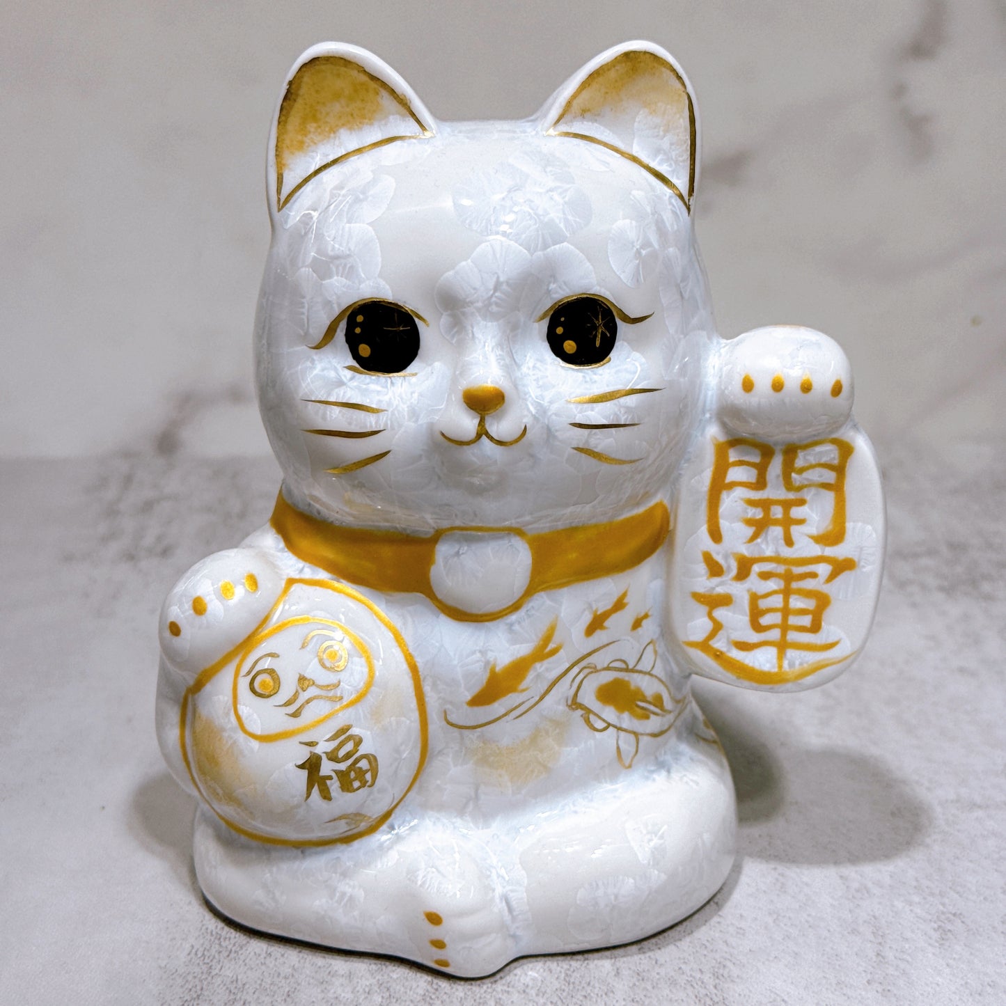 日本清水燒招財貓 達摩 花結晶 白 体花